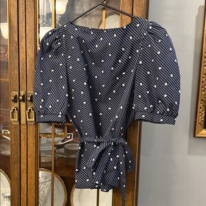 Vintage Hillary Hills Elegant Navy Puff Sleeve Blouse with White Accents